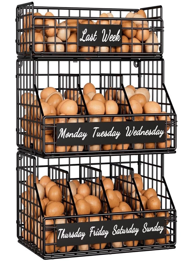FAMIDGE Egg Holder Countertop with 5 Dividers & Labels, 3 Tier Stackable Chicken Egg Holder Baskets for Gathering Fresh Eggs, Egg Organizer for Egg Storage, Wall-Mounted, Black - Image 1